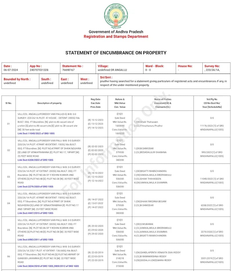 AP Encumbrance Certificate — official document sample