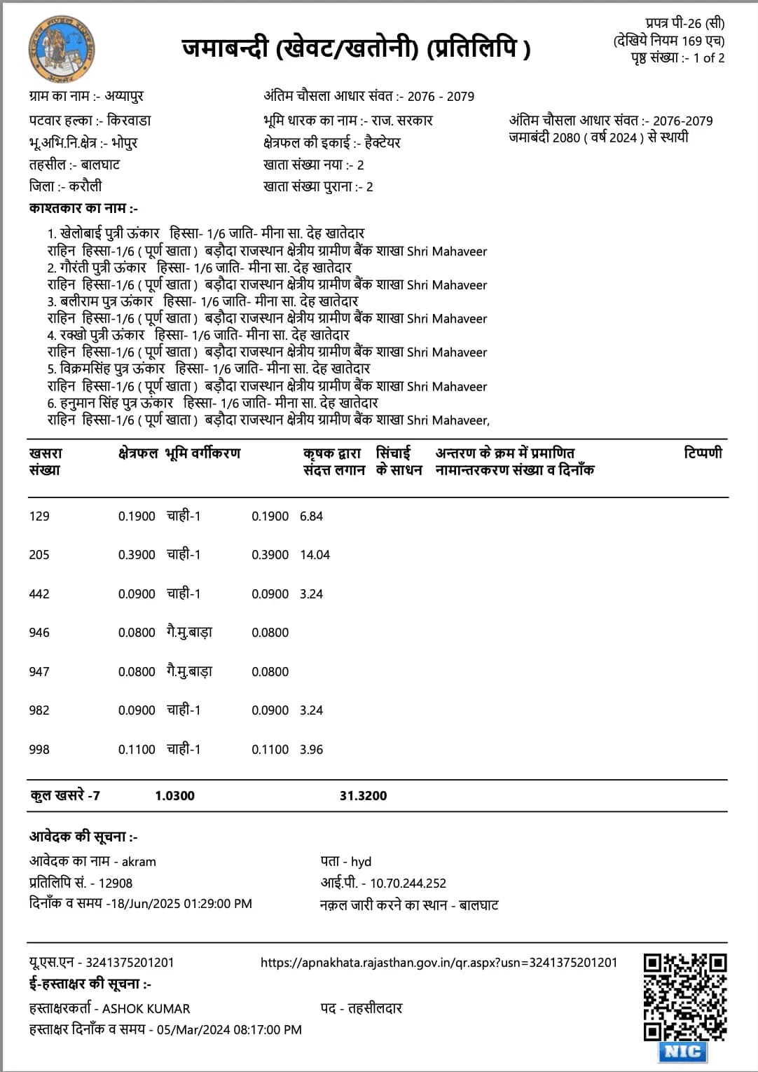 Jamabandi — official document sample