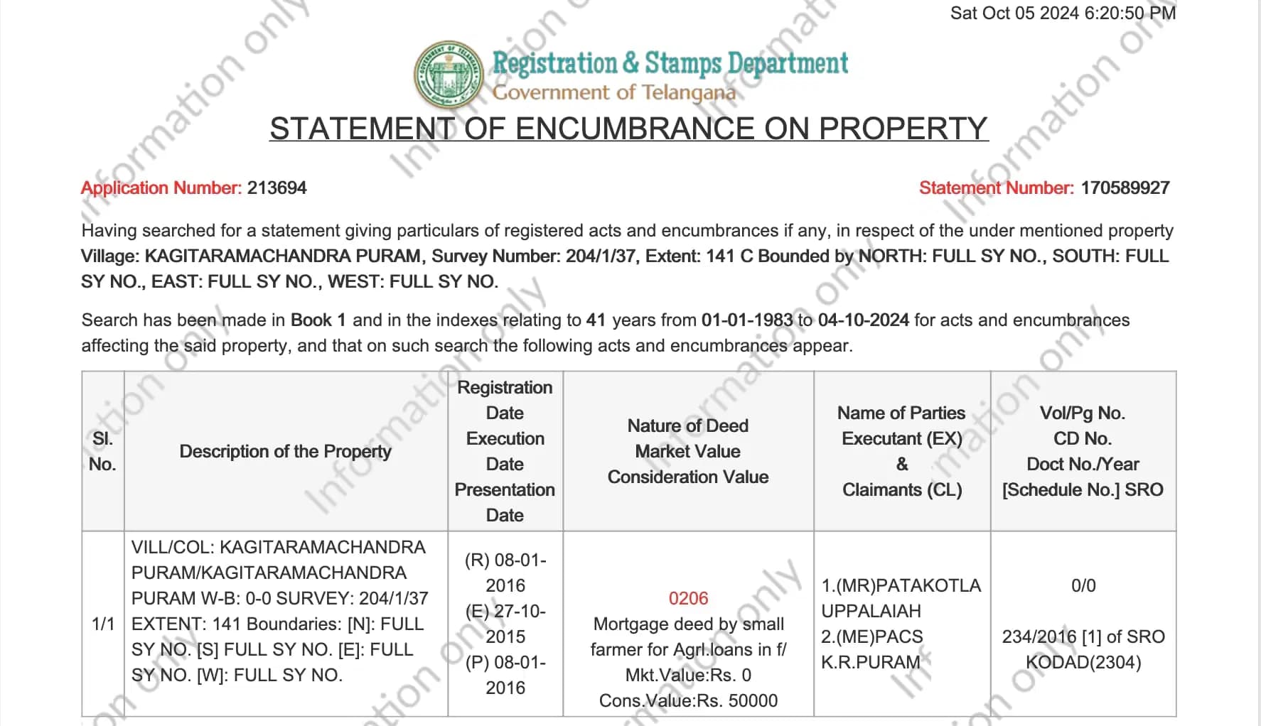 Encumbrance Certificate — official document sample